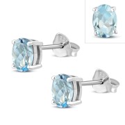 5x7mm Oval Prong-Set Blue Topaz Stone Sterling Silver Stud Earrings - e446